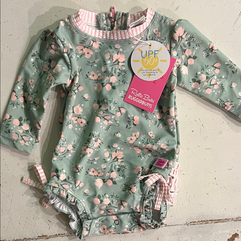 Ruffle Butts Tea Roses Rashguard Swimsuit - Baby Girl, 3-6 month - NEW WITH TAGS